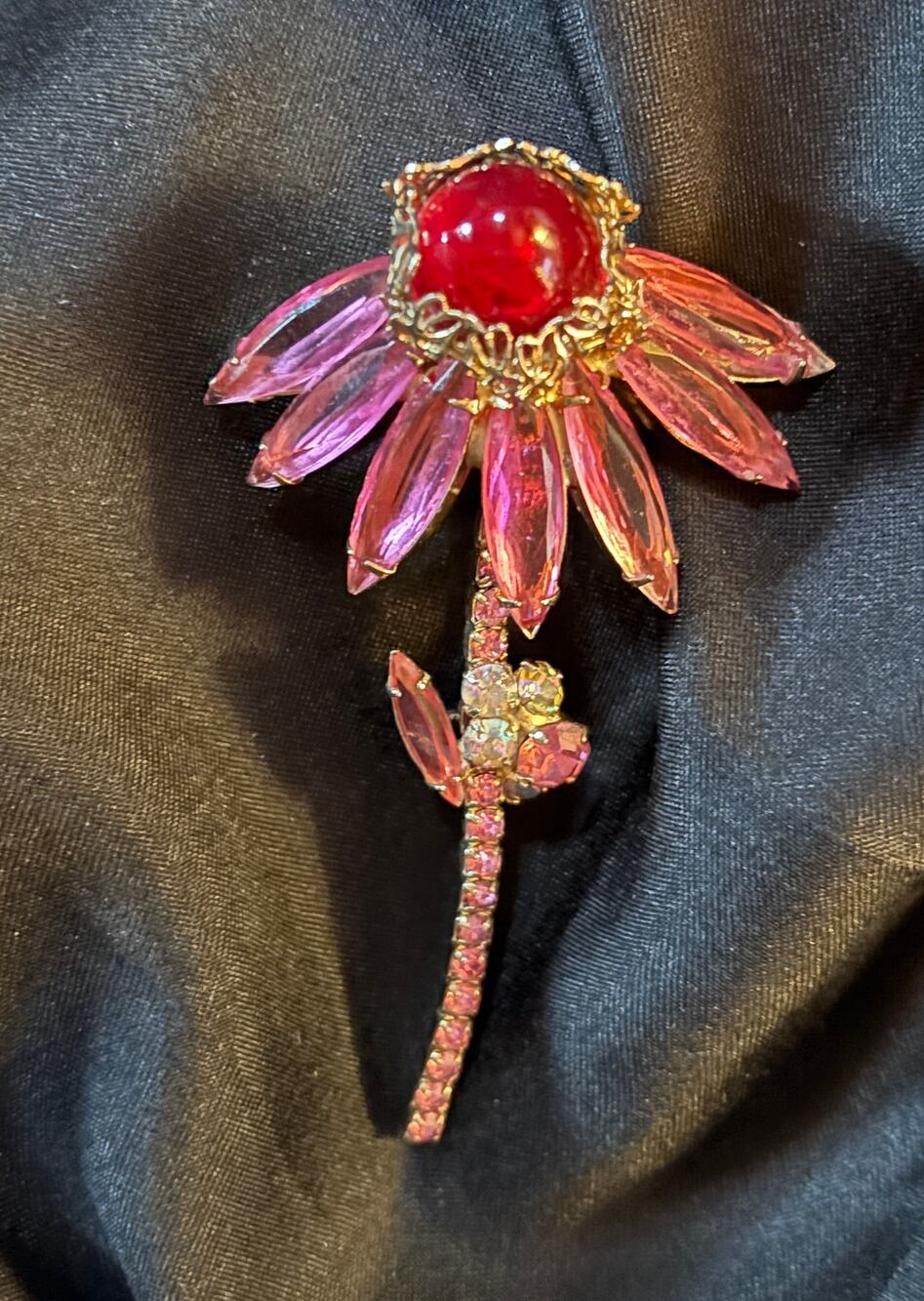 Gorgeous Pink Pedal Flower with Aurora Borealis Rhinestone and Red Center Brooch